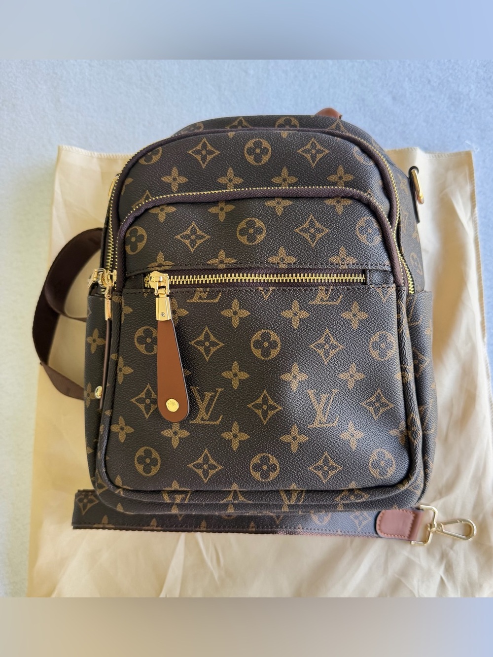 Brown Fashion Multi Pocket Mini
Backpack with Gold Hardware and Faux leather - Picture 2 of 8